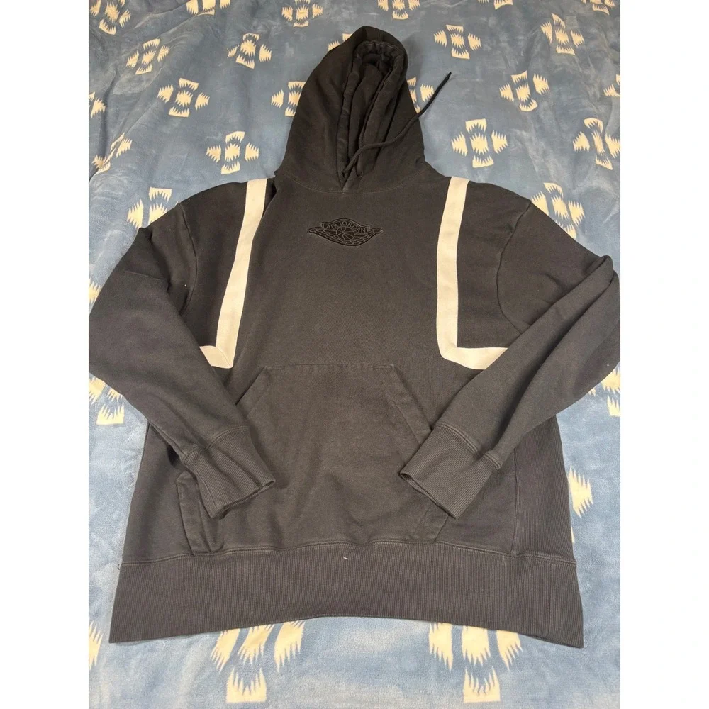 Jordan Mens Black White Geometric Stripe Wings Logo Pullover Hoodie Size M